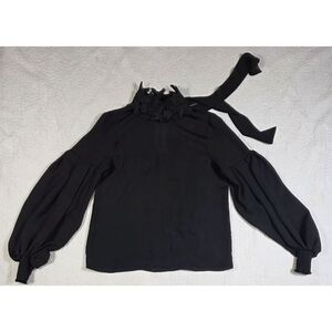 ZARA Black Blouse Balloon Sleeves With Beaded Floral Neck Design